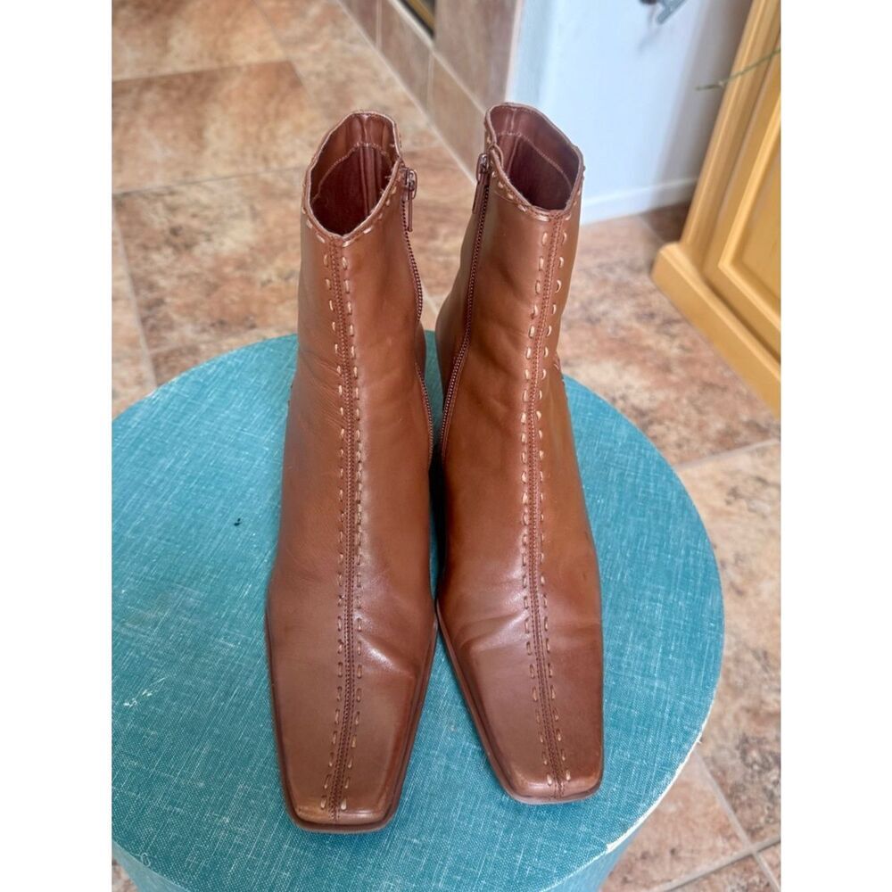 Diba Leather Wedge Ankle Boots Size 9 Cognac Brown Square Toe Comfort Heel - Picture 6 of 8